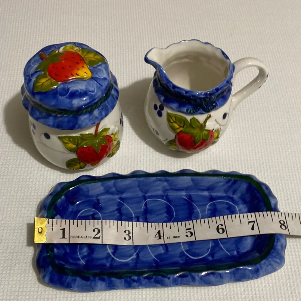 Vintage Strawberry Creamer, Sugar Bowl w/ Lid and Tray Set - Picture 9 of 10